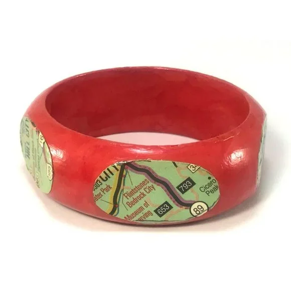 Altered Red Wood Bangle Bracelet with Deadwood Black Hills Map Collage - Picture 4 of 6